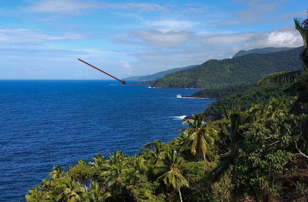 The red arrow marks the village in Fagaloa, our destination.